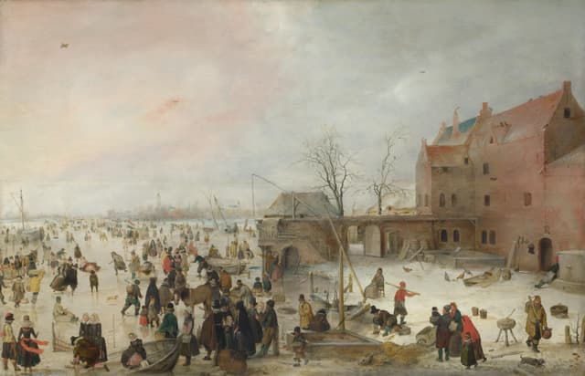 A Scene on the Ice near a Town, Hendrick Avercamp, oil on panel, 1615