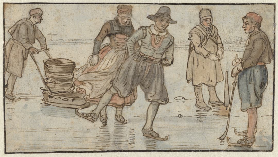 Skaters and Kolfers on the Ice, Hendrick Avercamp, drawing, c. 1615–1625