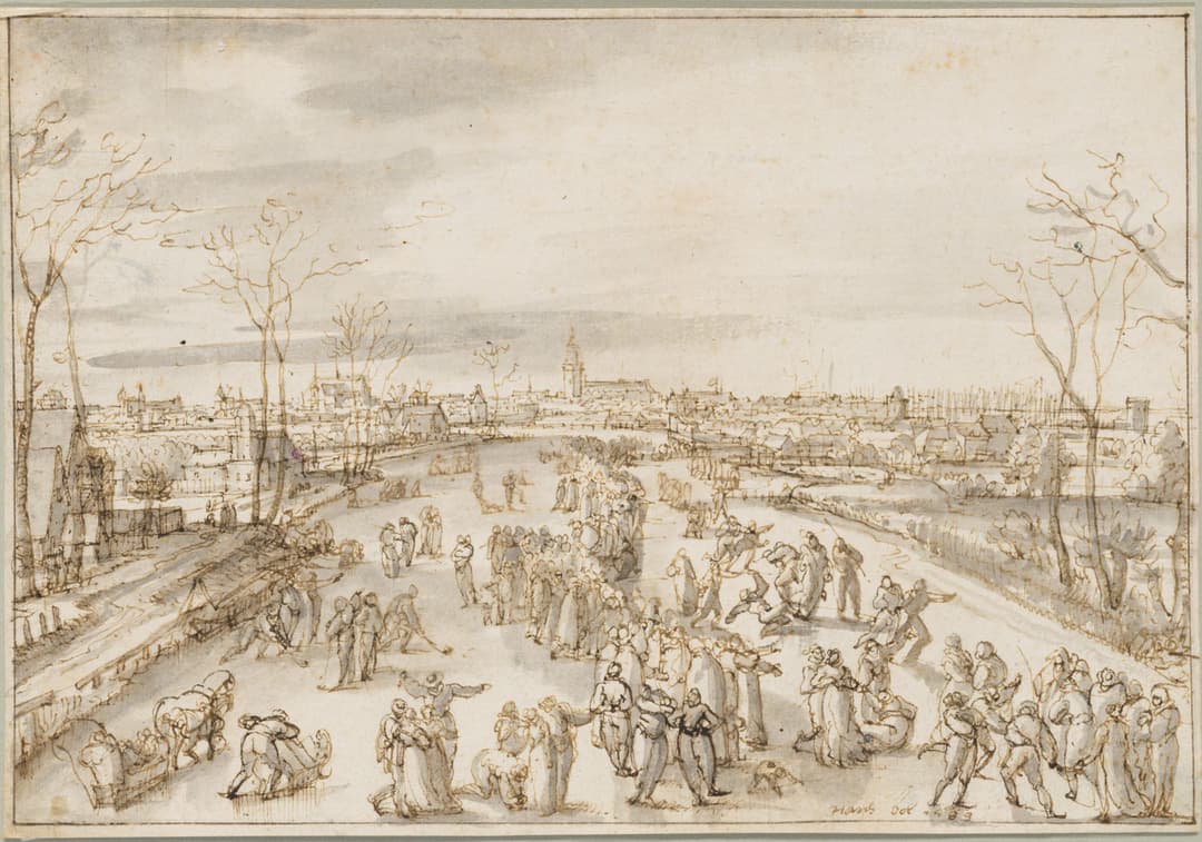 Ice Skaters on the Amstel at Amsterdam, Hans Bol, 1589