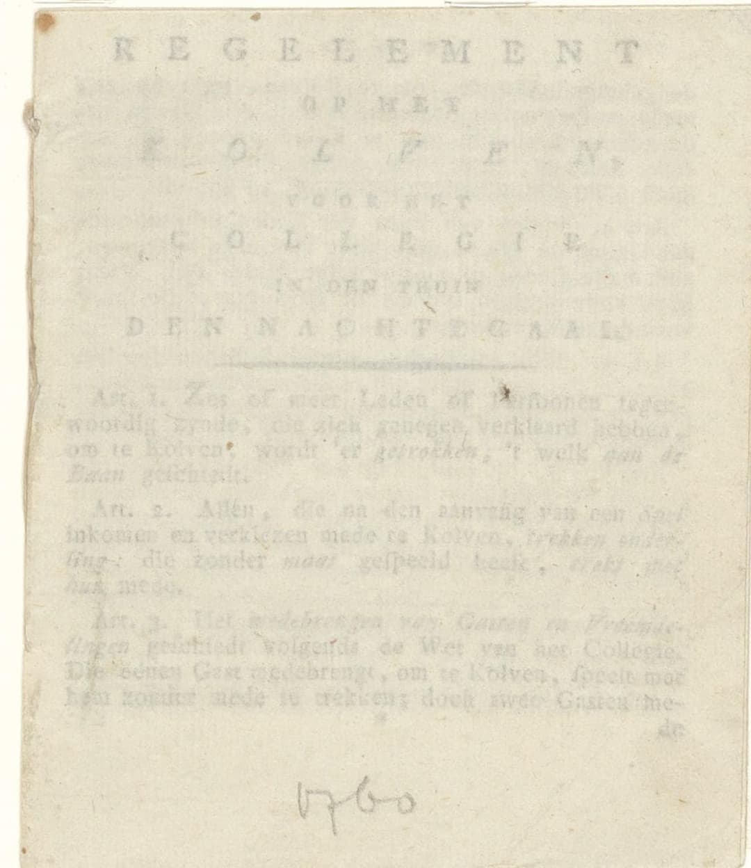 Regelementen van Kolf (The Rules of Kolf), anonymous Dutch printer, 18th century