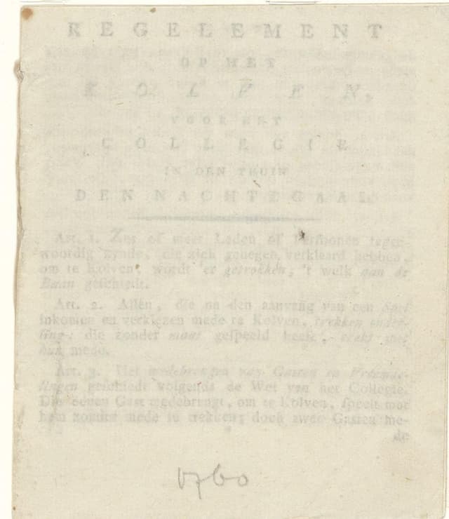 Regelementen van Kolf (The Rules of Kolf), anonymous Dutch printer, 18th century