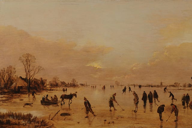 Frozen Waterway with Villagers Playing Kolf